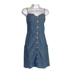 A&F Denim Chambray Mini Dress Sweetheart Button Front Smocked Back Cowgirl Boho